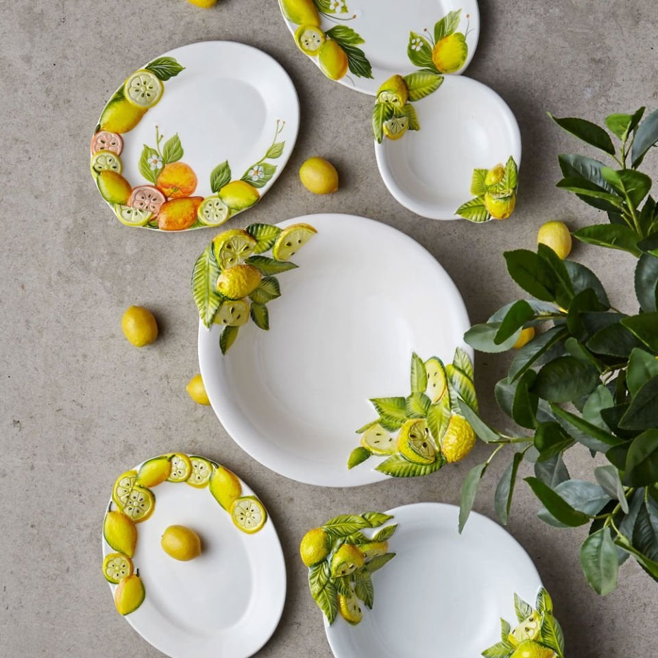 Edelweiss Italy Beyaz Seramik Servis Tabağı 22X14 Cm Limone E Fiori Collection