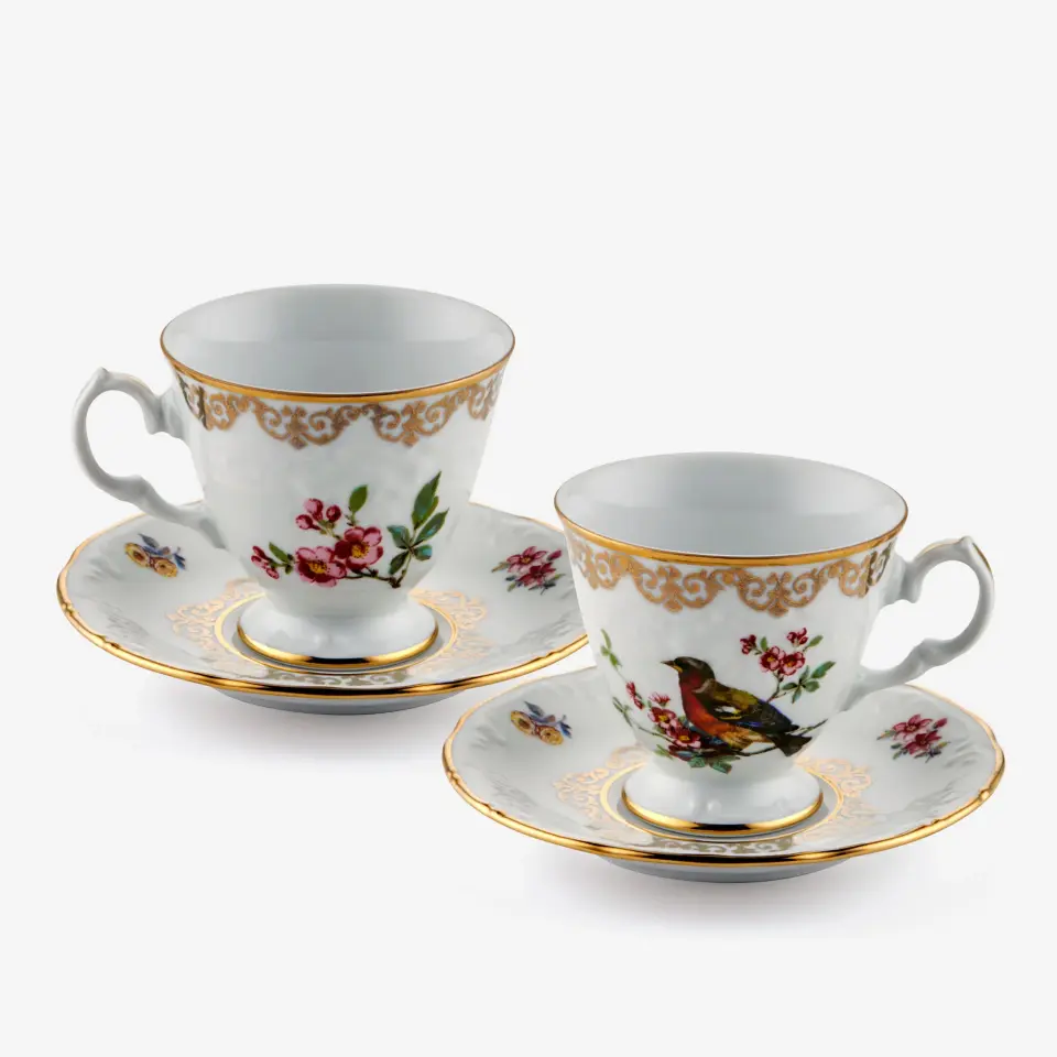Chiara Alessi Beyaz Altın Dekorlu Yeşil Kuşlu Porselen Kahve Fincan Seti 100 Ml