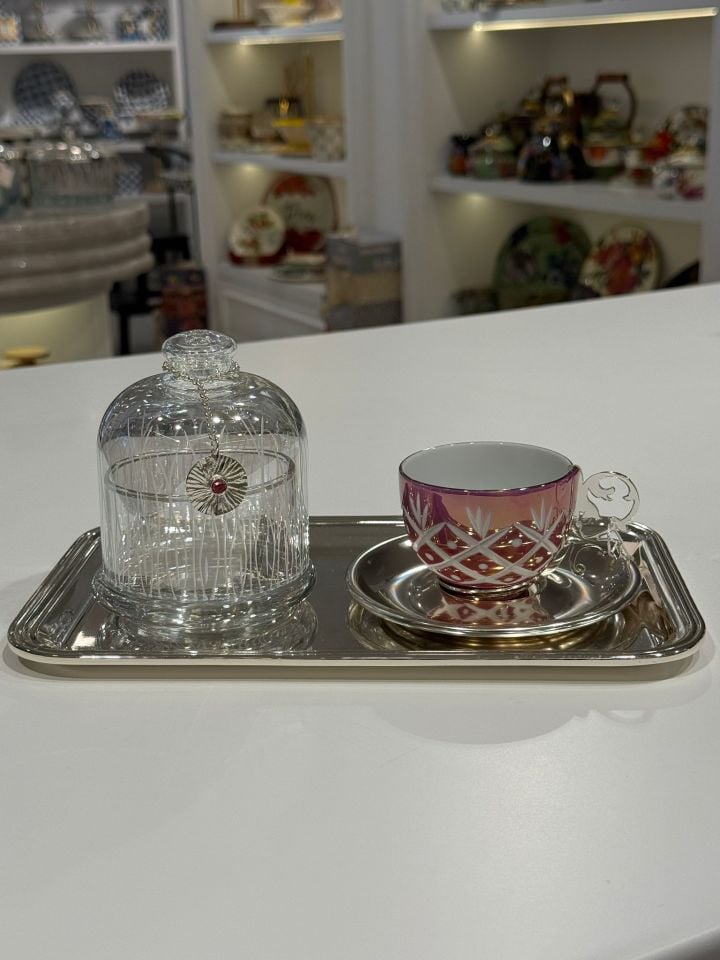 SELECT İSTANBUL GÜMÜŞ RENKLİ KESME LAZER KULPLU FİNCAN PEMBE