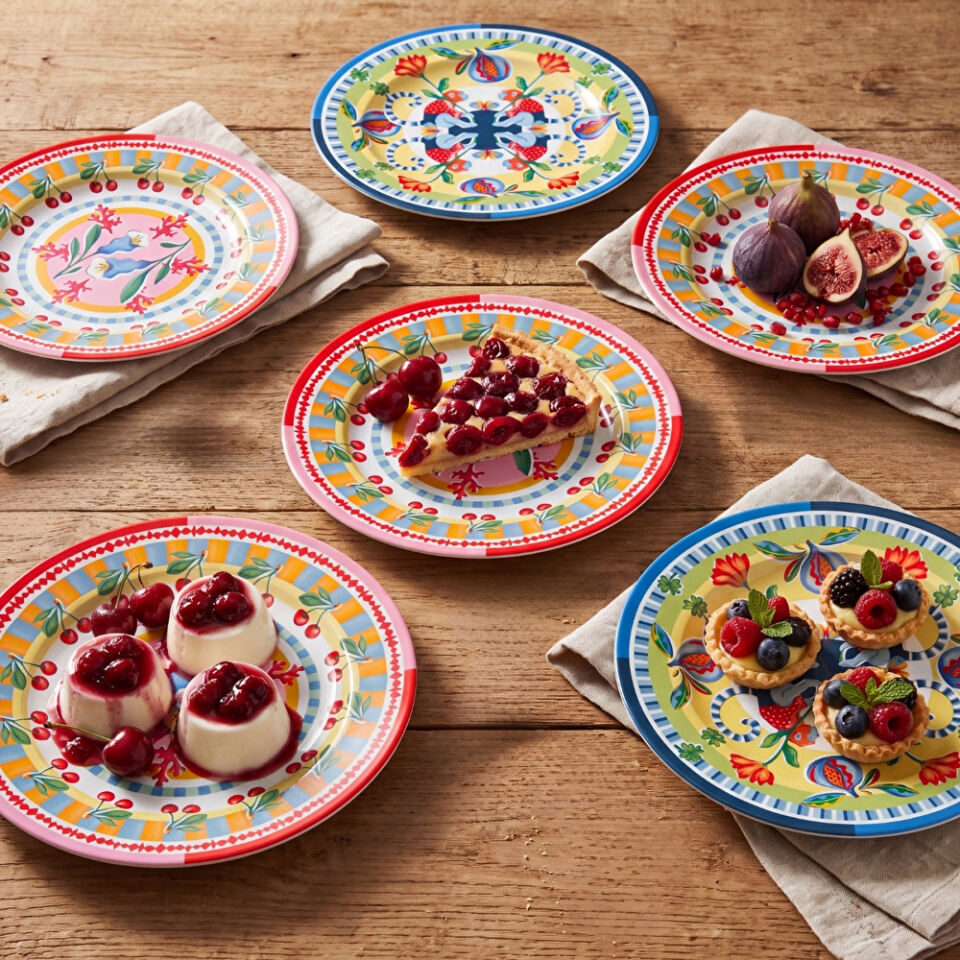 Dolce Far Niente Mavi ve Pembe Renkli Karışık 6 Parça Melamin Pasta Tabağı 21 cm