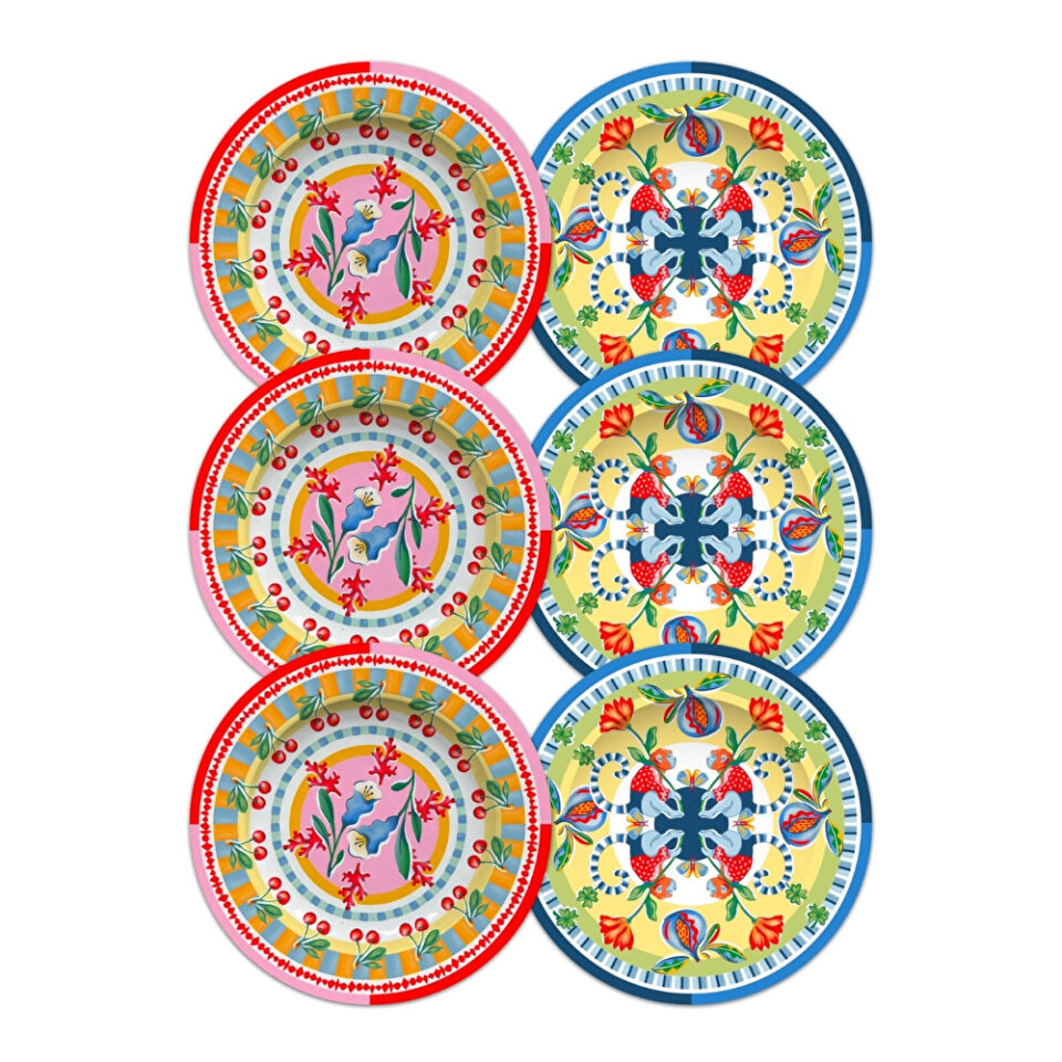 Dolce Far Niente Mavi ve Pembe Renkli Karışık 6 Parça Melamin Pasta Tabağı 21 cm