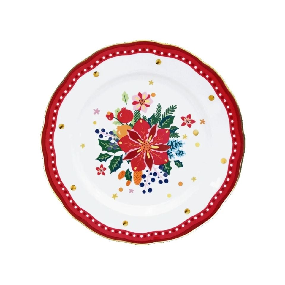 Baci Milano Mamma Mia Çiçek Desenli Kırmızı Yemek Tabağı 28 cm