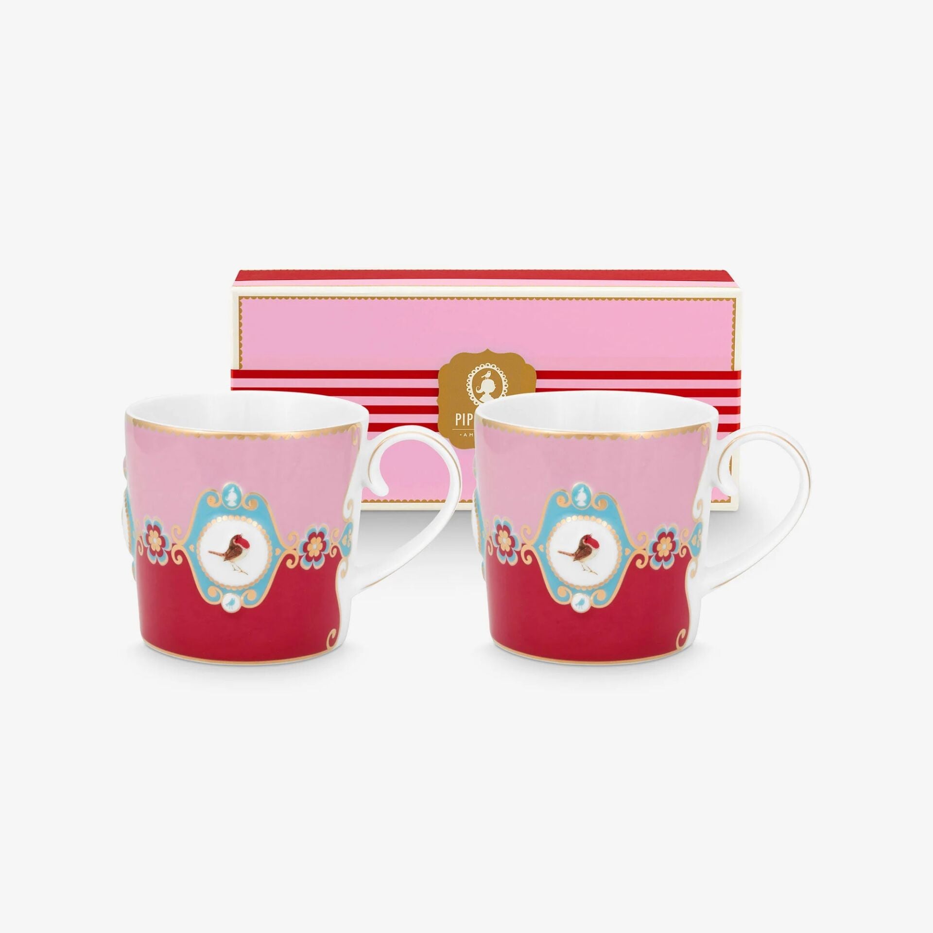 Love Birds Kırmızı/Pembe Madalyon Desenli İkili Küçük Mug Seti