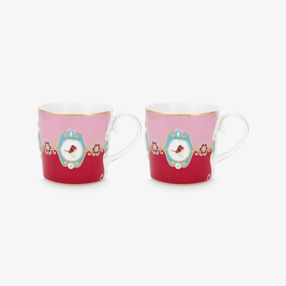 Love Birds Kırmızı/Pembe Madalyon Desenli İkili Küçük Mug Seti