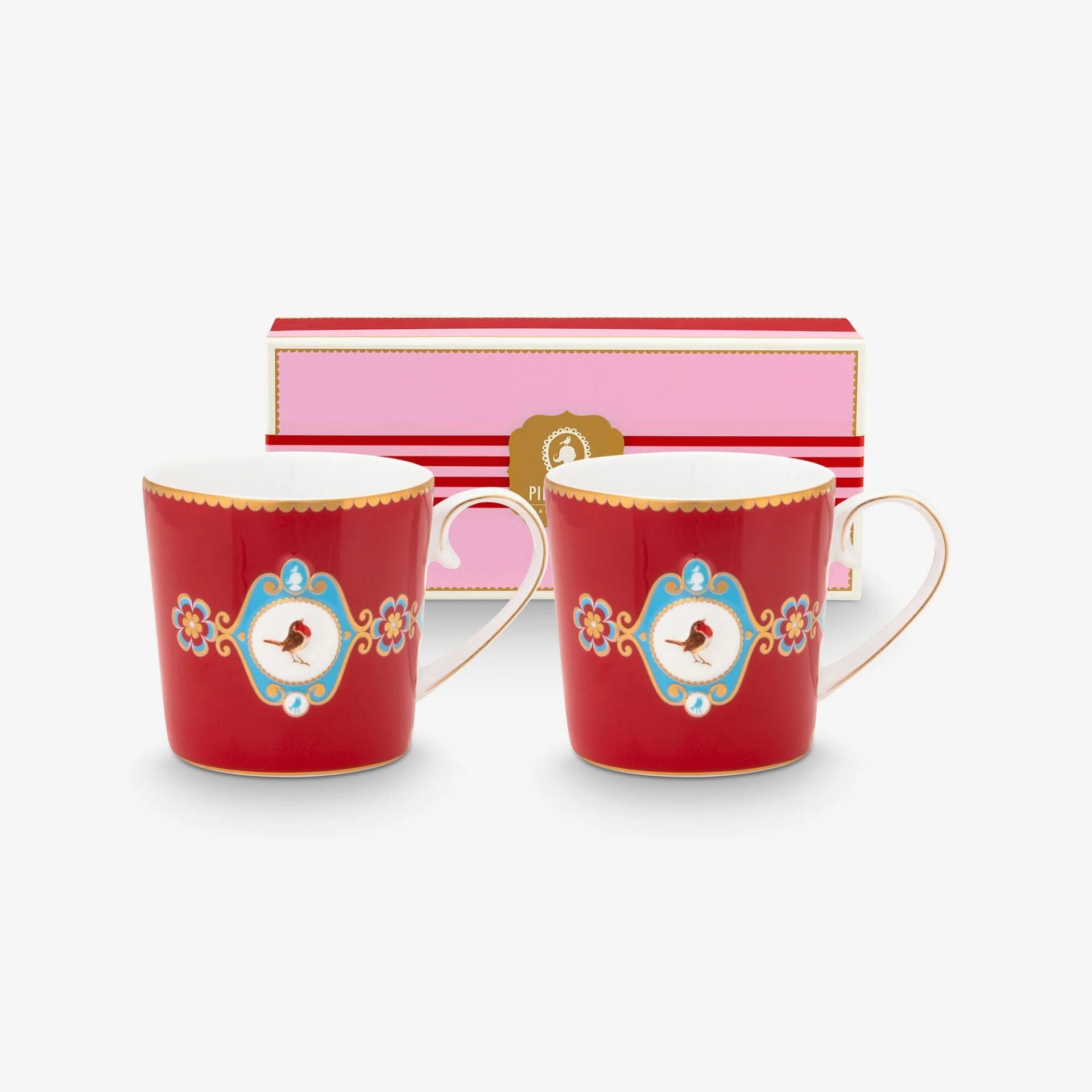 Love Birds Kırmızı Madalyon Desenli İkili Küçük Mug Seti