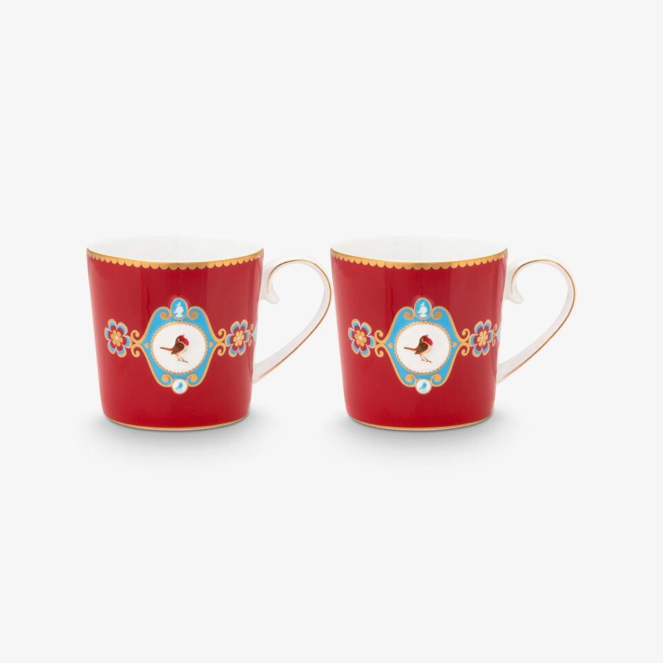 Love Birds Kırmızı Madalyon Desenli İkili Küçük Mug Seti