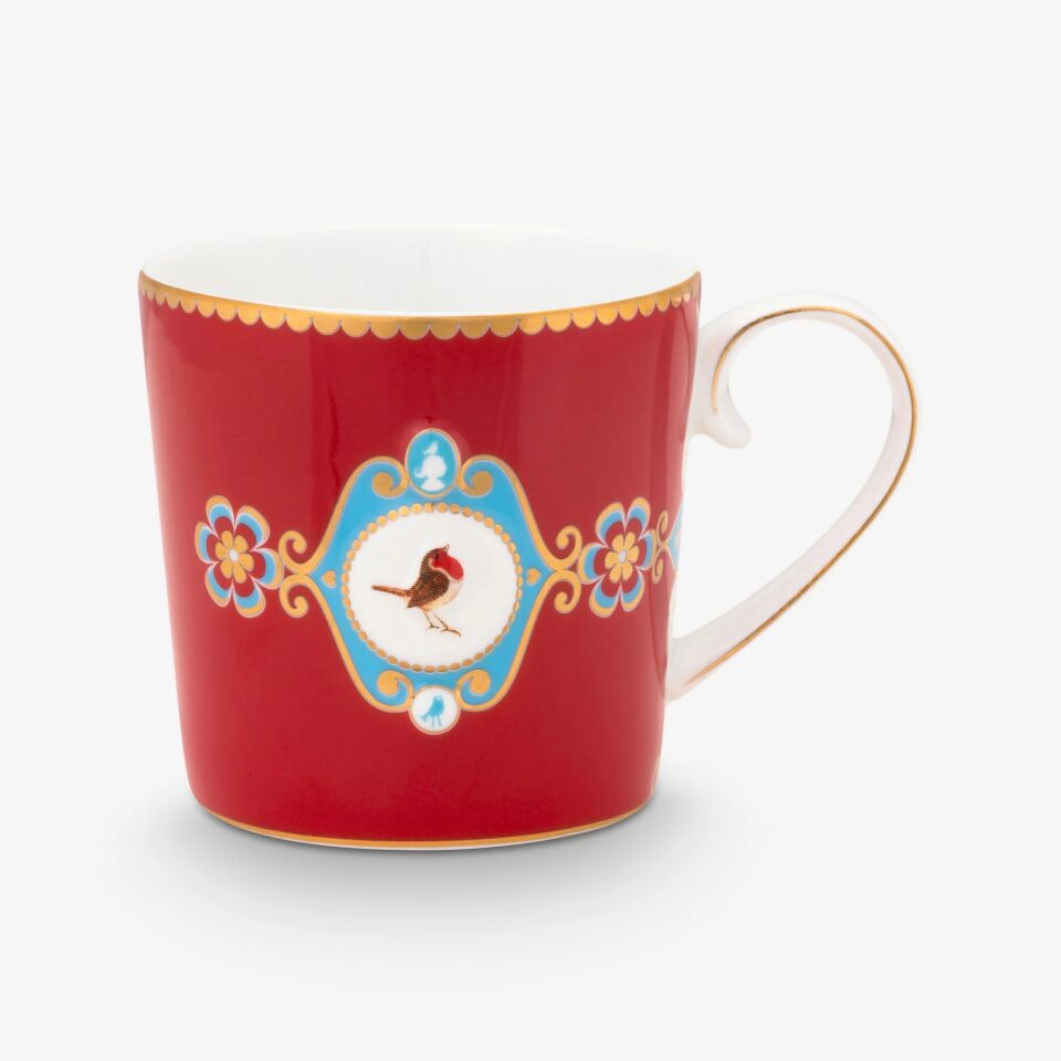 Love Birds Kırmızı Madalyon Desenli İkili Küçük Mug Seti