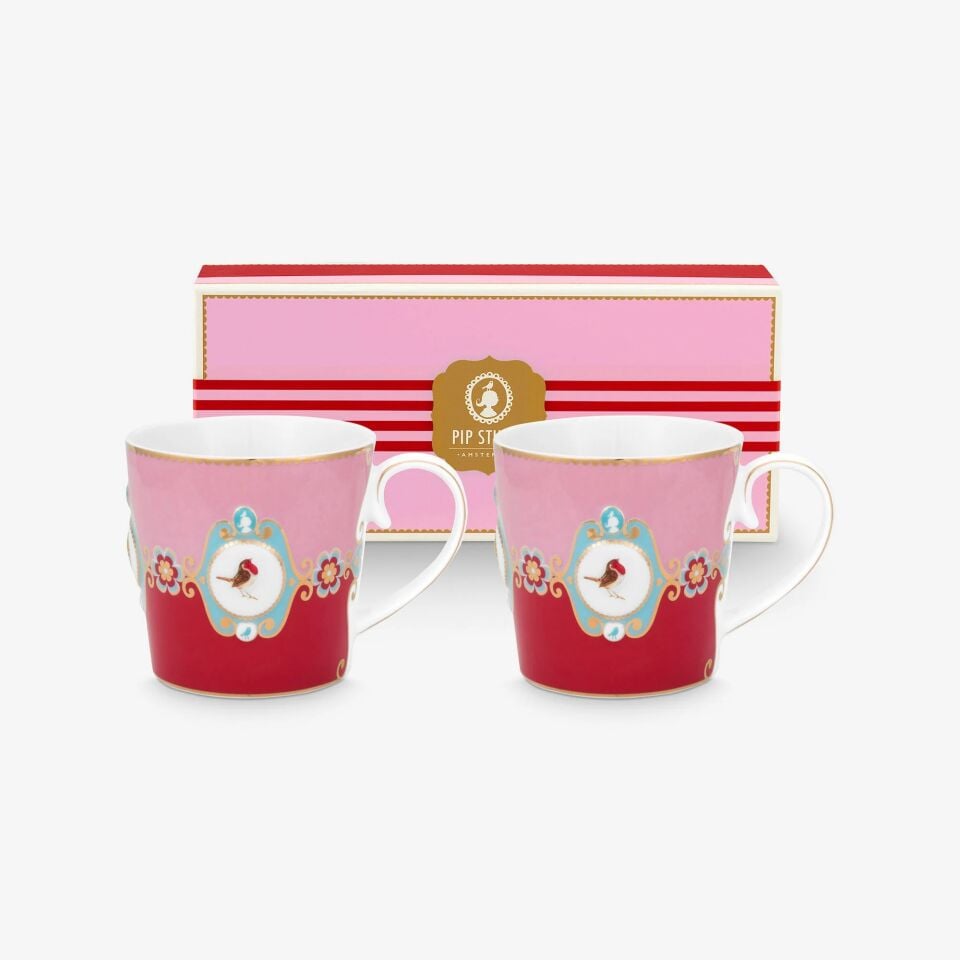 Love Birds Kırmızı/Pembe Madalyon Desenli İkili Mug Seti
