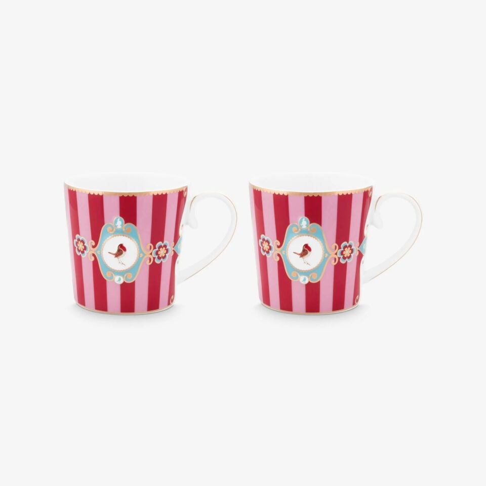 Love Birds Kırmızı/Pembe Çizgili İkili Mug Seti