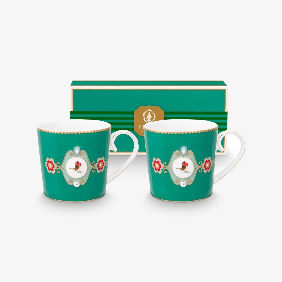 Love Birds Yeşil Madalyon Desenli İkili Küçük Mug Seti 150 ml