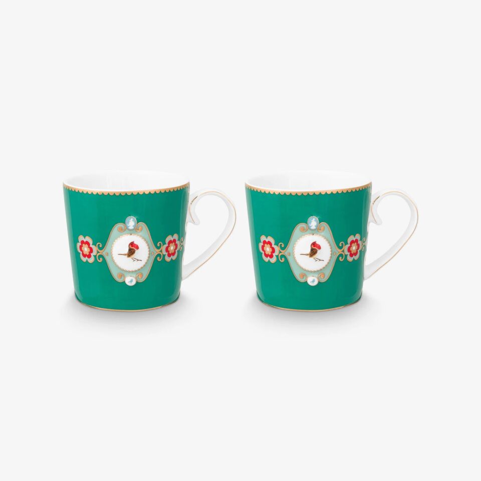 Love Birds Yeşil Madalyon Desenli İkili Küçük Mug Seti 150 ml