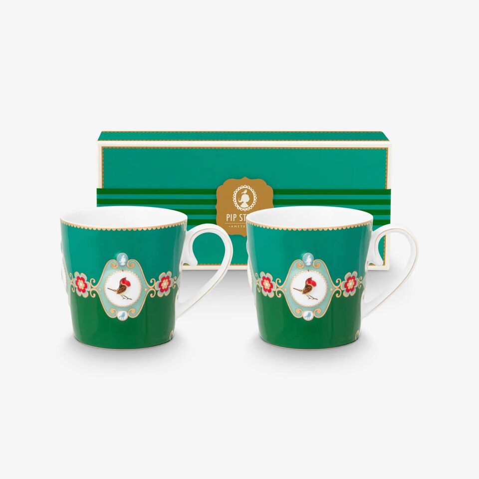 Love Birds Yeşil Renkli Madalyon Desenli İkili Mug Seti 250 ml