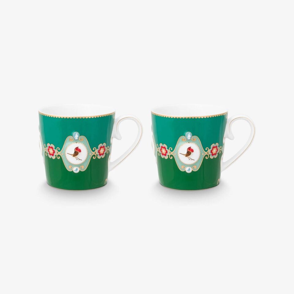 Love Birds Yeşil Renkli Madalyon Desenli İkili Mug Seti 250 ml