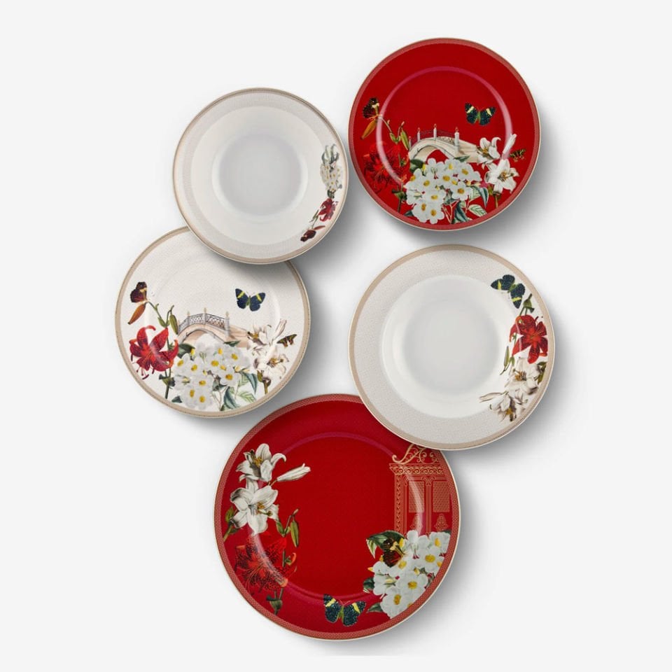 Kırmızı Beyaz Porselen Yemek Takımı 24 Parça Butterfly Walley Collection by Chiara Alessi