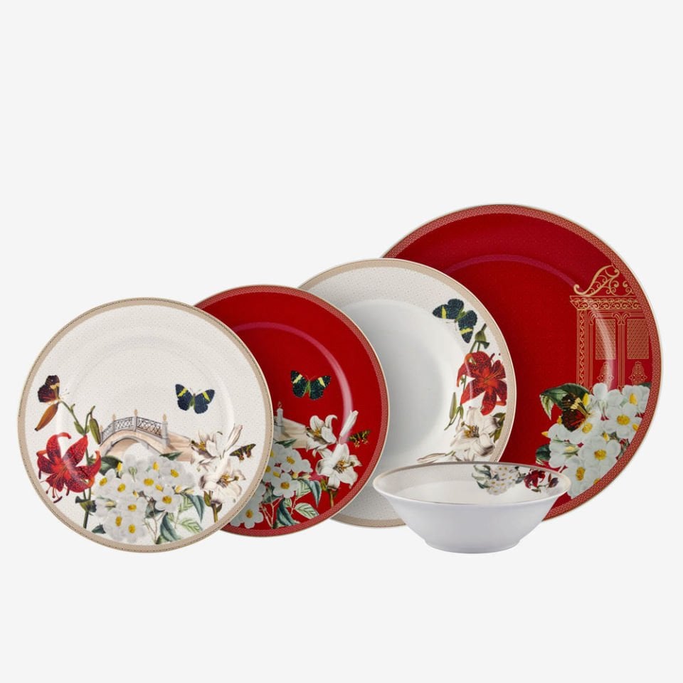 Kırmızı Beyaz Porselen Yemek Takımı 24 Parça Butterfly Walley Collection by Chiara Alessi